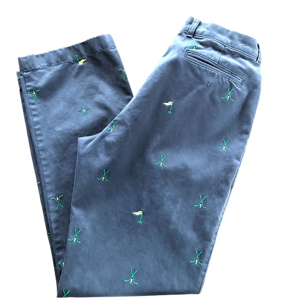 Vintage J. Crew Flat Front Broken In Chino. Navy w/ Golf Theme. Size 34W x 34L